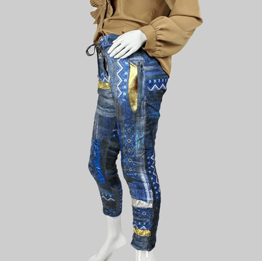 Metallic Patchwork Hose mit elastischem Bund in blau