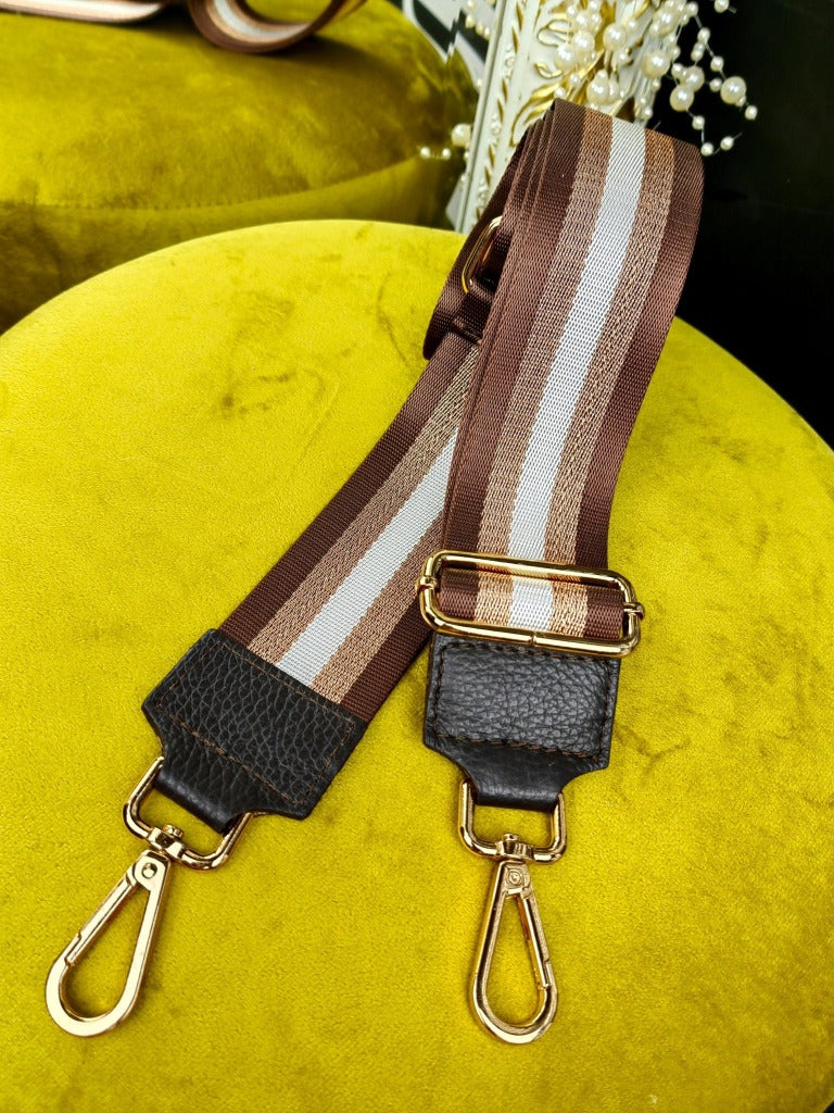 Breiter Taschengurt bunt mit Goldenen Details und Ledereinsatz -gestreift in Braun-weiß-gold