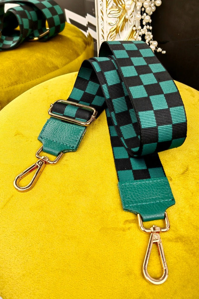 Breiter Taschengurt bunt mit Goldenen Details und Ledereinsatz -Karo in grün-schwarz
