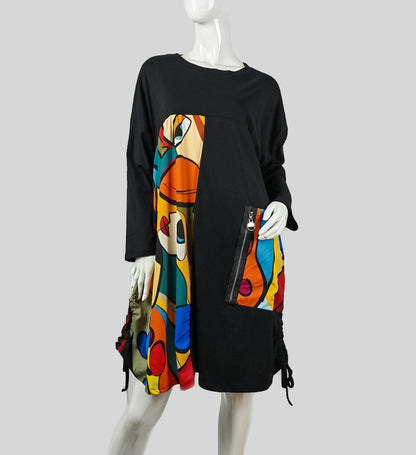 Oversized Baumwollkleid mit bunten Kunstdruck